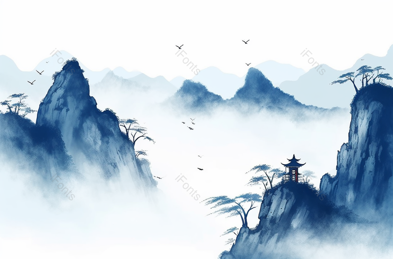 中式蓝色水墨风山峰上的树木和建筑周围雾气缭绕飞鸟飞过峰顶国风背景,插画/手绘图,插画/手绘图库,插画/手绘图下载,插画/手绘
